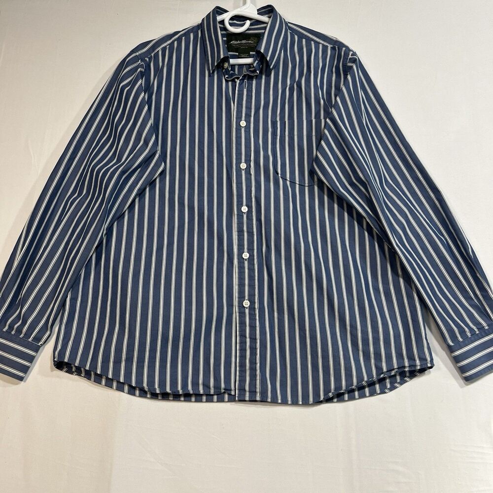 Eddie Bauer Men's Shirt L Large Blue White Striped Long Sleeve 100% Cotton
